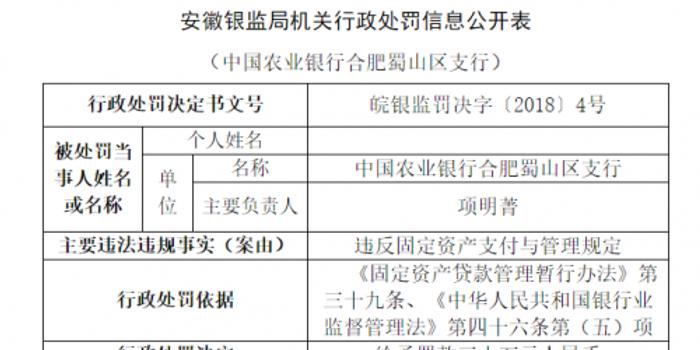 农行合肥蜀山区支行违反固定资产支付与管理规