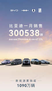 比亚迪25年1月销售30万台