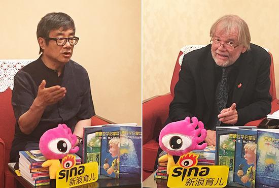 新浪育儿独家专访著名哲学家周国平(左)、世界级畅销书作家乔斯坦·贾德(右)