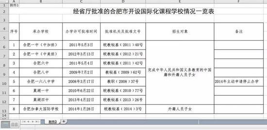 经批准的合肥开设国际化课程学校情况一览表