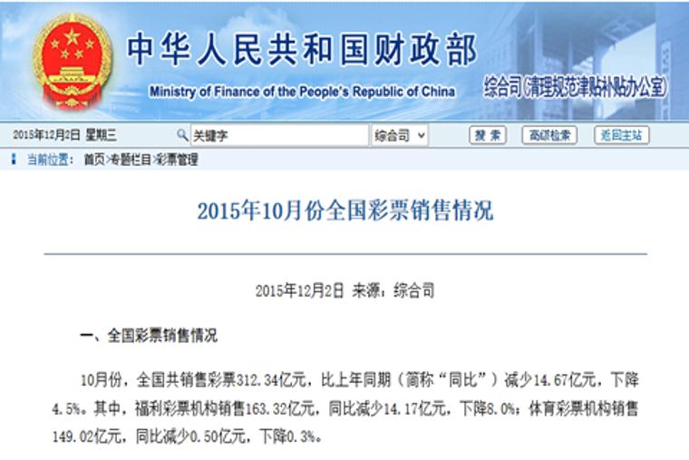 10月份，全国共销售彩票312.34亿元，比上年同期减少14.67亿元，下降4.5%