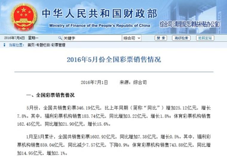 财政部：5月彩票销346.19亿元 同比增长7.8%