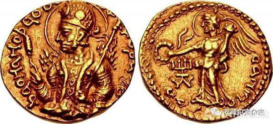| 胡韦色迦 1第纳尔金币 公元152-192 国王盛装半身像(正) 穿着古希腊服饰的有翼胜利女神奥宁多(反)