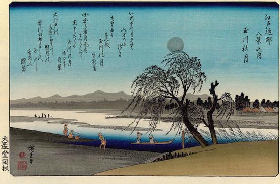 歌川⼴重,江户近郊八景 ⽟川秋月 24.9×36.9 cm 1837