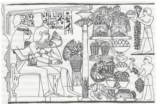 古埃及壁画 约公元前1400年 主人和他妻子坐在椅子上, 接受两位仆人送来的飞禽和水果。