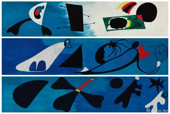 胡安·米罗《壁画 I-II-III》油彩 画布 每件:55.2 x 249.8 cm。 1933年12月作