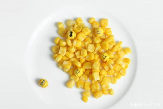 一碟玉米粒,我偷偷混进了几个玩具小零件,它们看起来好像表情包啊。