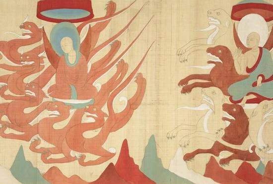 《张大千摹敦煌莫高窟第二五七窟北魏须摩提女请佛因缘》(局部)