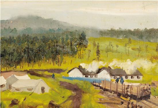 吴作人 云雨寒林(小兴安岭) 29×20cm 油画 1961年 吴作人艺术馆馆藏