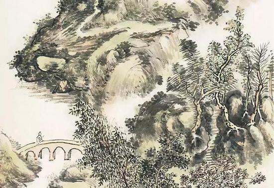 黄宾虹 《秋山策杖图、篆书七言联书画一堂》 局部