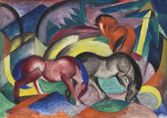 法兰兹·马尔克(Franz Marc)《三匹马》水粉 卡纸 33.5 x 47.5 cm。 1912年作
