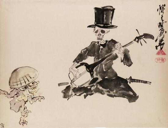 河锅晓斋,《戴着礼帽的骷髅演奏者与跳舞的怪物》,1871-1878