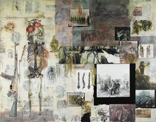 朱湘 图像日志·幽灵的枪 图像丙烯、图像(书籍)拼贴 、油漆笔 140x110cm 2018
