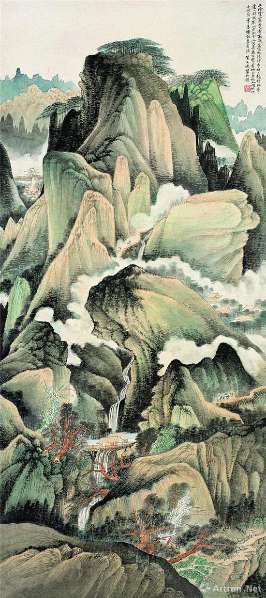 附图8。贺天健《秋山行旅图》 立轴(1994年翰海9.68万元成交)