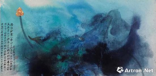 张大千 《泼彩钩金朱荷》 58×116cm 1980年作