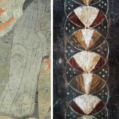 克孜尔图壁画(左,新疆龟兹研究院提供)与圣玛丽亚古教堂壁画(右,作者拍摄)刻线法比较