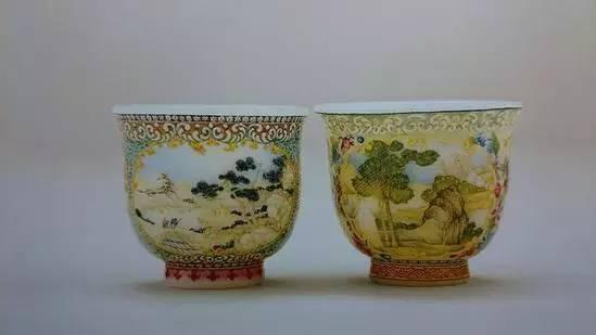 清乾隆 料胎画珐琅酒杯(一对) 高4.5厘米