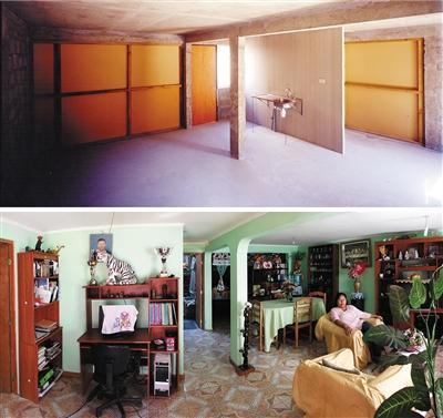 金塔蒙罗伊住宅项目内部,上图为“半成品房子”,下图是居民完善后的房子。