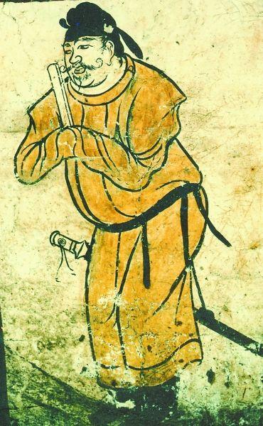 持笏佩囊的唐代官员(山西太原金胜村唐墓壁画局部)。
