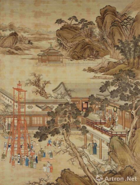 《乾隆帝元宵行乐图》轴,清乾隆,绢本,设色,纵302cm,横204.3cm。