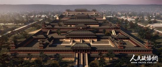 根据建筑史学家杨鸿勋先生《陕西西安汉长安城未央宫遗址前殿复原设想鸟瞰图》制作的汉未央宫模拟图