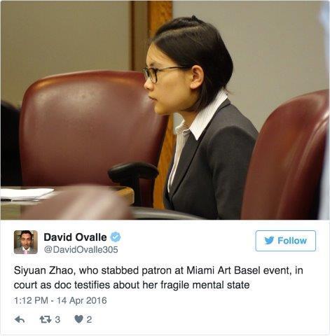 迈阿密海滩巴塞尔艺博会上刺伤观众的赵思源(Siyuan Zhao,音译)在法庭