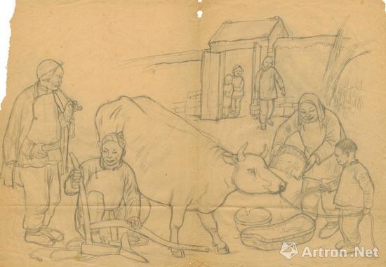 李可染素描手稿《新分黄牛牵到家》
