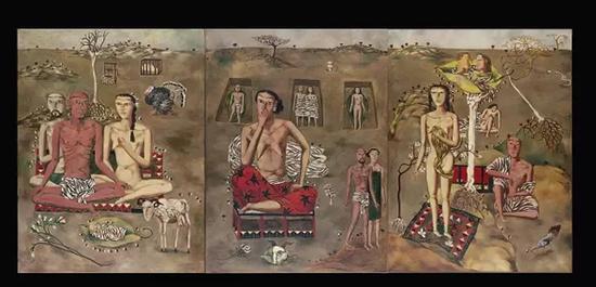张晓刚早期代表作品《生生息息之爱》(1988年,三联布面油画)