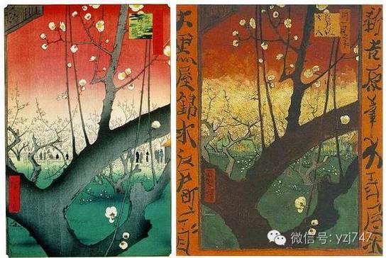 右是梵高临摹安藤广重的《龟户梅园》