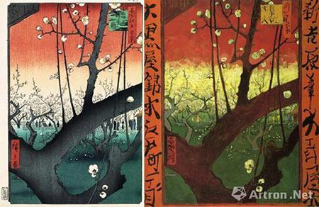 左图:歌川广重《龟户梅屋铺》 1857年,右图:梵高《开花的梅树》 1887年