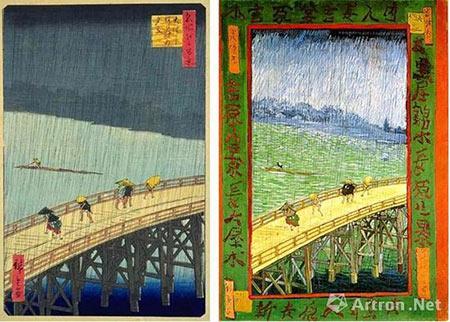 左图:歌川广重《大风暴雨》1857年,右图:梵高《雨中大桥》 1887年