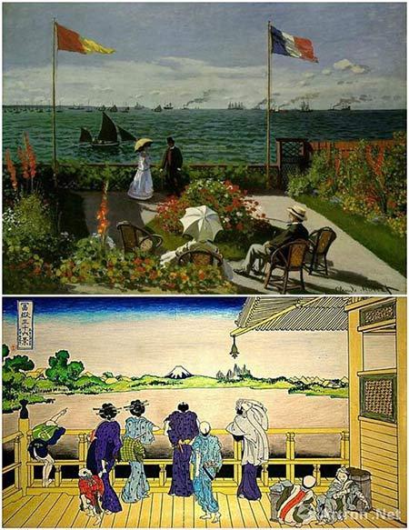 上图:莫奈《圣阿德雷斯的花园》,下图葛饰北斋《五百罗汉寺荣螺堂》