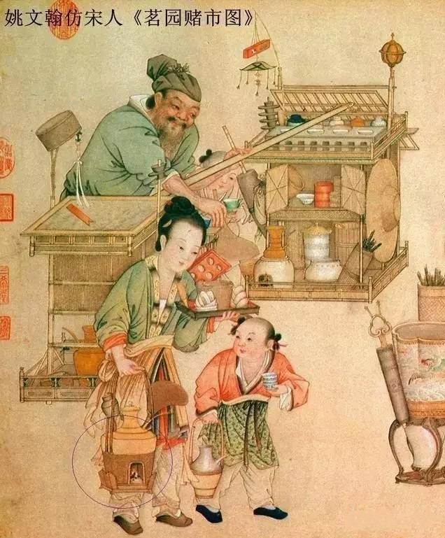 清代姚文翰仿宋人《茗园赌市图》(局部),图中用来加热茶水的小炭炉,非常精致小巧,可以随手携带。