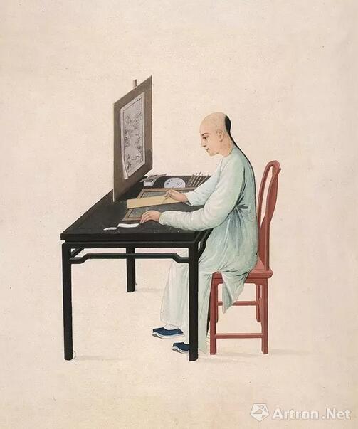 佚名中国画家 中国画家正在绘制玻璃背画 纸本水粉约1800年