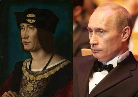 左: 让·佩雷拉(Jean Perréal),《路易十二国王肖像》(Portrait of King Louis XII),约1500年。图片:Courtesy of Wikicommons 右:弗拉基米尔·普京,2008。图片:Courtesy of Wikicommons