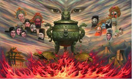 吴欢作“天眼“系列油画之《天眼下的戏曲》,2012年,145cm×245cm