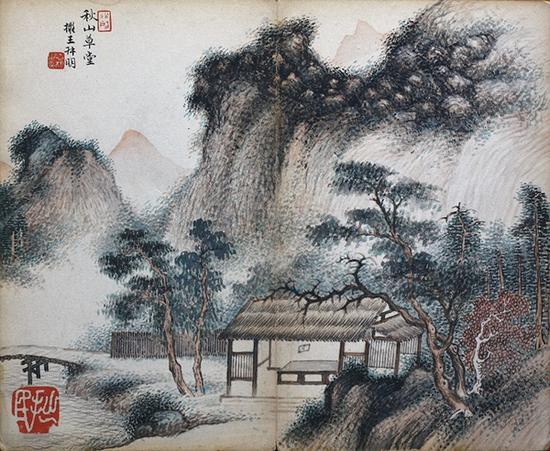 关松房(恩棣)仿王叔明(蒙)秋山草堂着色山水册页
