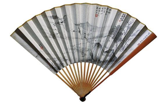 松风(溥伒)、松云(关和镛)、松窗(溥佺)、松阴(叶仰曦)、松壑(启功)等五人合作水墨山水成扇