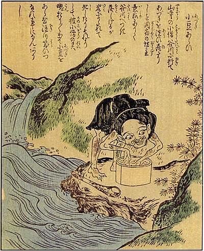 ▲竹原春泉,绘本百物语,洗豆妖