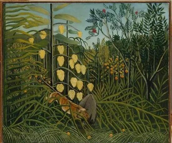 ▲ 亨利·卢梭《在热带森林作战的老虎和水牛》,1908-1909年,图片来源:冬宫博物馆,圣彼得堡