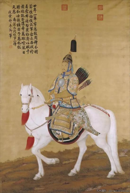 ▲绢本绘画《乾隆大阅图》(1758)局部,卷轴所用的丝绸来自欧洲