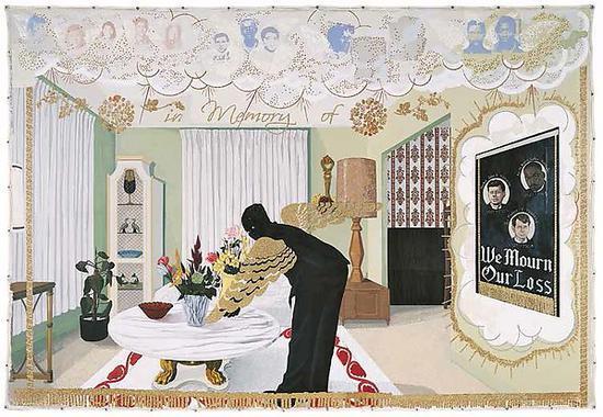 《纪念物一(Souvenir I)》,布面丙烯、拼贴、丝网印刷、亮片,1997年。图片来源:大都会布劳耶分馆官网
