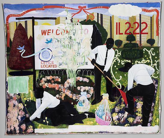 《多舛(Many Mansions)》,布面丙烯、拼贴,1994年。图片来源:大都会布劳耶分馆官网