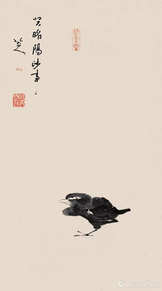 清 八大山人《孤禽图》 纸本水墨 纵103.5厘米,横44厘米
