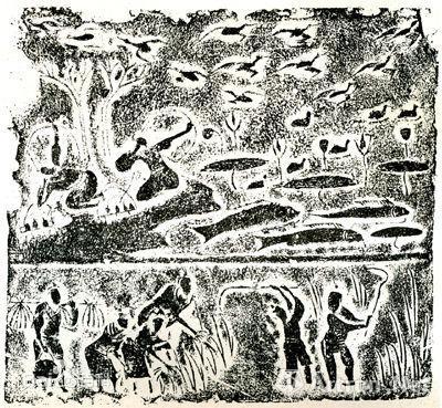 东汉《弋射收获图》画像砖,砖高39.6厘米,宽46.6厘米。1972年四川大邑安仁乡出土,四川省博物馆藏