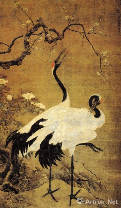 明 边文进《雪梅双鹤图》 绢本设色 纵156厘米,横91厘米 广东省博物馆藏