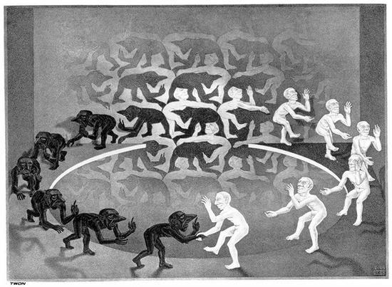 艾雪(Maurits Cornelis Escher, 1898-1972)〈遭遇〉(Encounter, 1944)