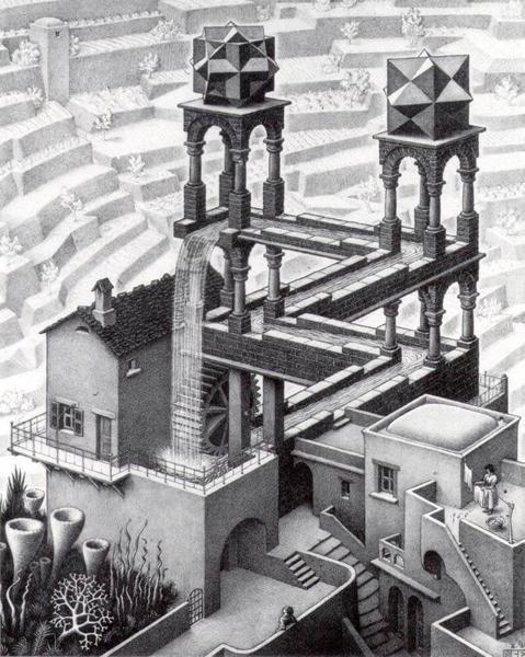 艾雪(Maurits Cornelis Escher, 1898-1972)〈瀑布〉(Waterfall, 1961)