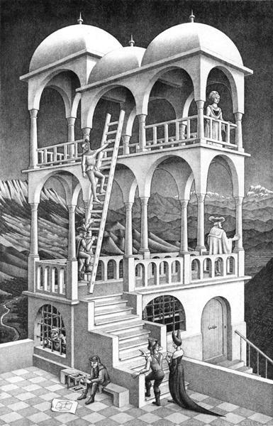 艾雪(Maurits Cornelis Escher, 1898-1972)〈了望台〉(Belvedere, 1958)
