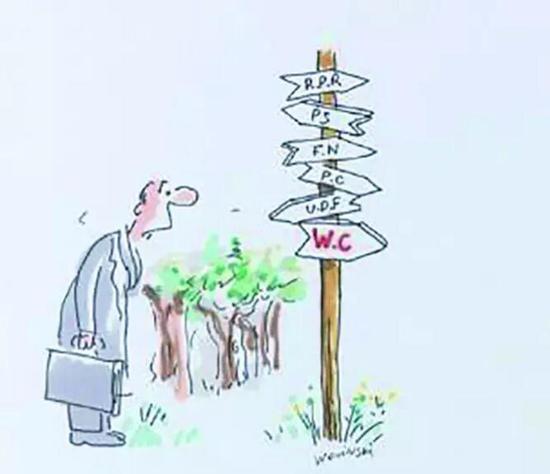 ▲用漫画讽刺法国各种政党令人眼花缭乱,还是最后的WC最醒目管用。
